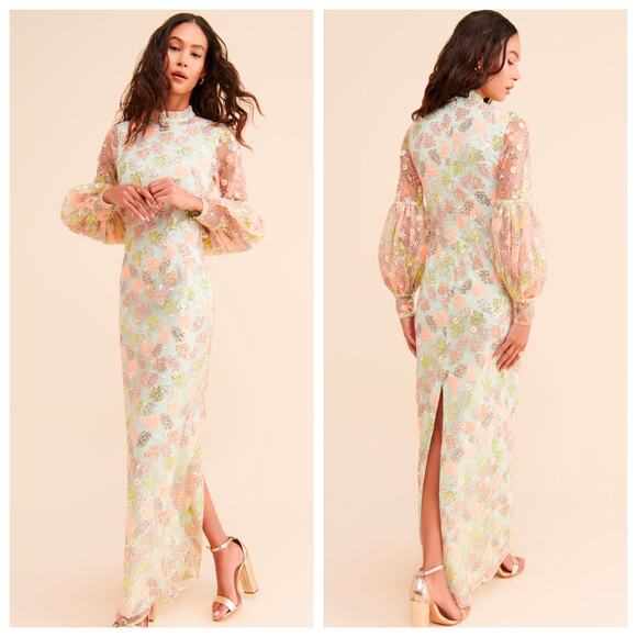 Alice Mccall Mint Blue Celestial Maxi Gown Dress Sequins Long Bishop Sleeve 8 - Picture 1 of 8